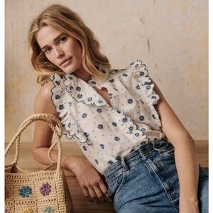 Like New Sezane Caro Shirt Blue Embroidery Size 42